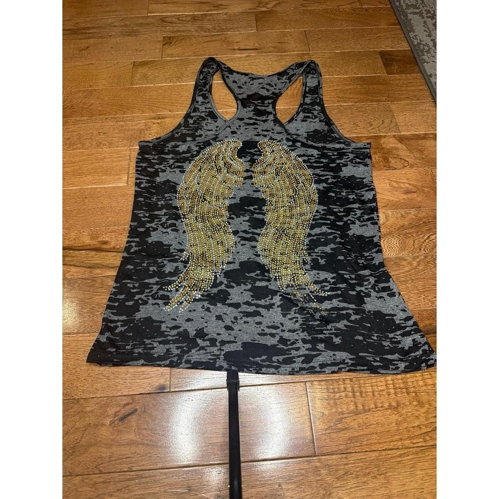 Y2K Black Camo Gold Silver Bejeweled Wings Tank Top Medium LA Class